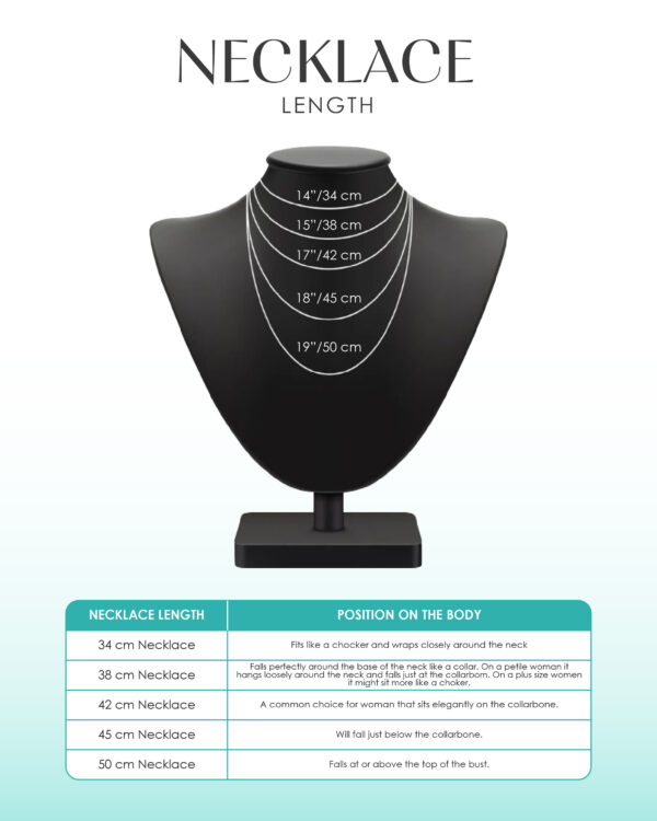 Necklace length guide. This piece is made in 38cm, 40cm, 45cm and 50cm, each with a 3cm extender.