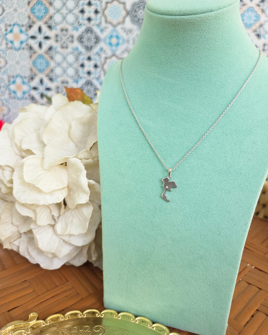 Thai map pendant necklace in silver from Colors By Love Bangkok, a common choice on the military and veteran discount
