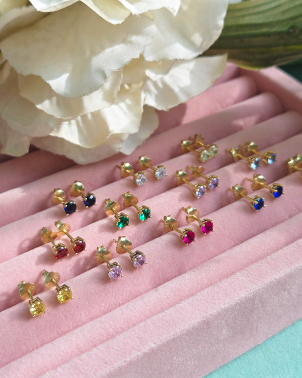 Natural Gemstone Stud Earring Round-4 Prong, birthstone stud earrings 4mm prong, Colors by Love