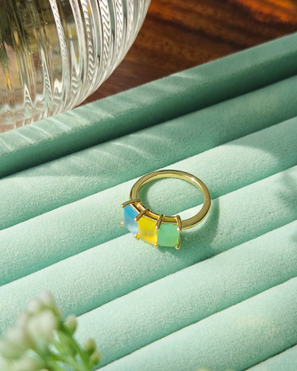 Natural Gemstones Curve Ring, 3 Octagon