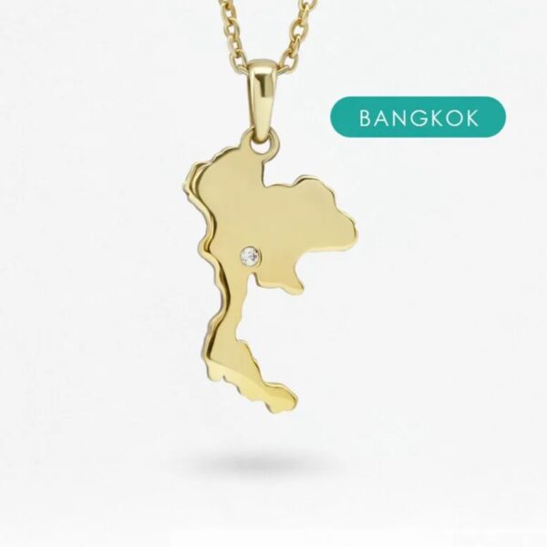 Thailand Map Necklace in gold with a diamond, handmade in Bangkok by Colors by Love