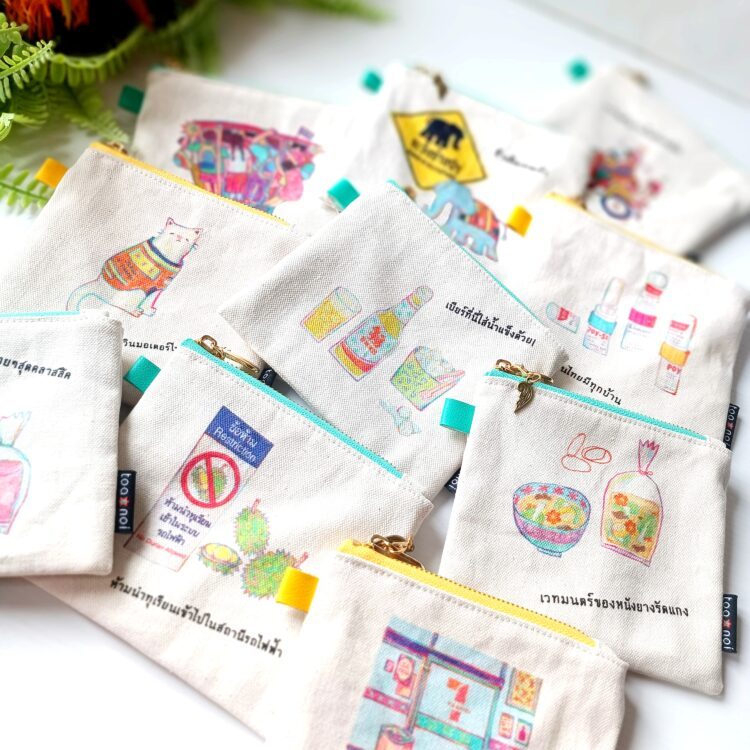 Toanoi Aru Aru pouches printed with Thai everyday scenes